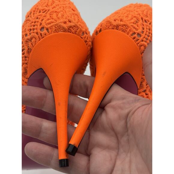 Gucci Mary Jane Heels Neon Orange Lace Size 39 Rhinestone Buckle Authentic - Picture 13 of 14